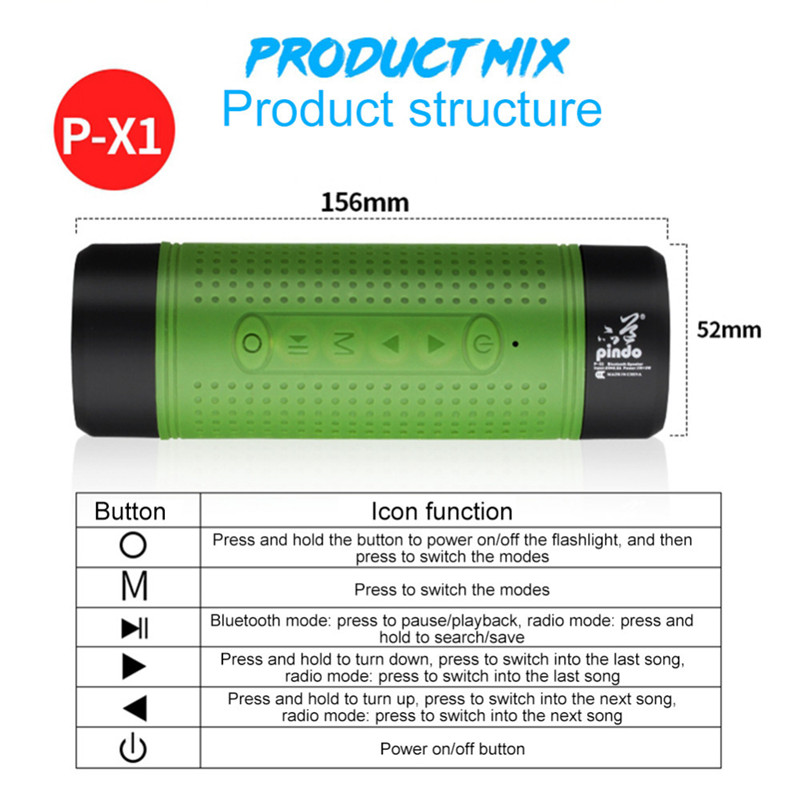 PINDO P-X1 Outdoor Waterproof Bluetooth Speaker Bike Flashlight