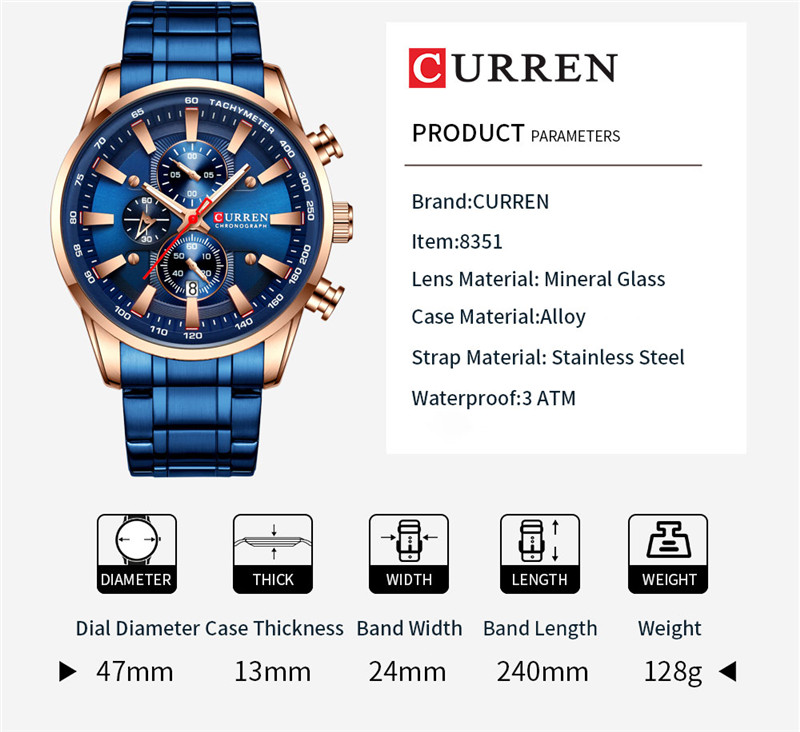 CURREN 8351 men's stainless steel waterproof quartz watch