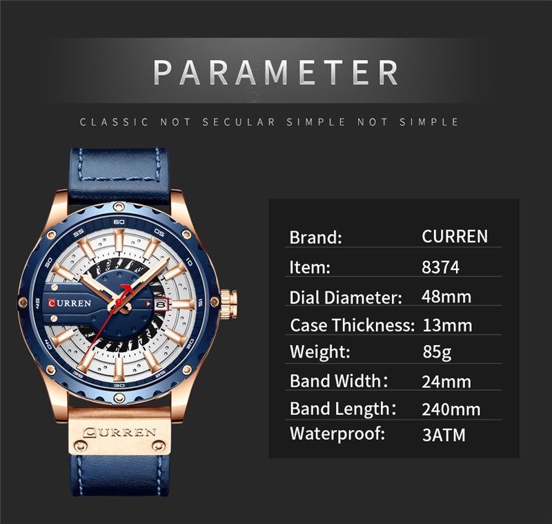 CURREN 8374 men waterproof calendar leather band quartz watch