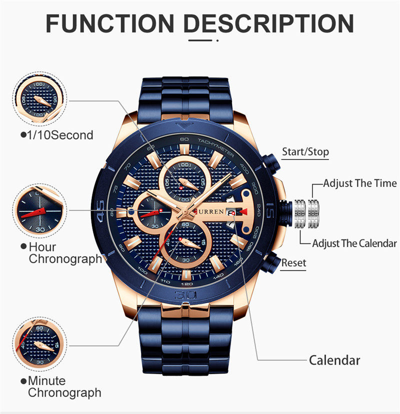 CURREN 8337 Stainless Steel Chronograph Waterproof Men Quartz Watch