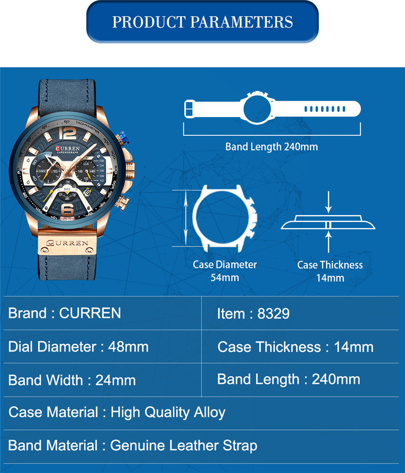 CURREN 8329 lether chronograph waterproof mens quartz watch