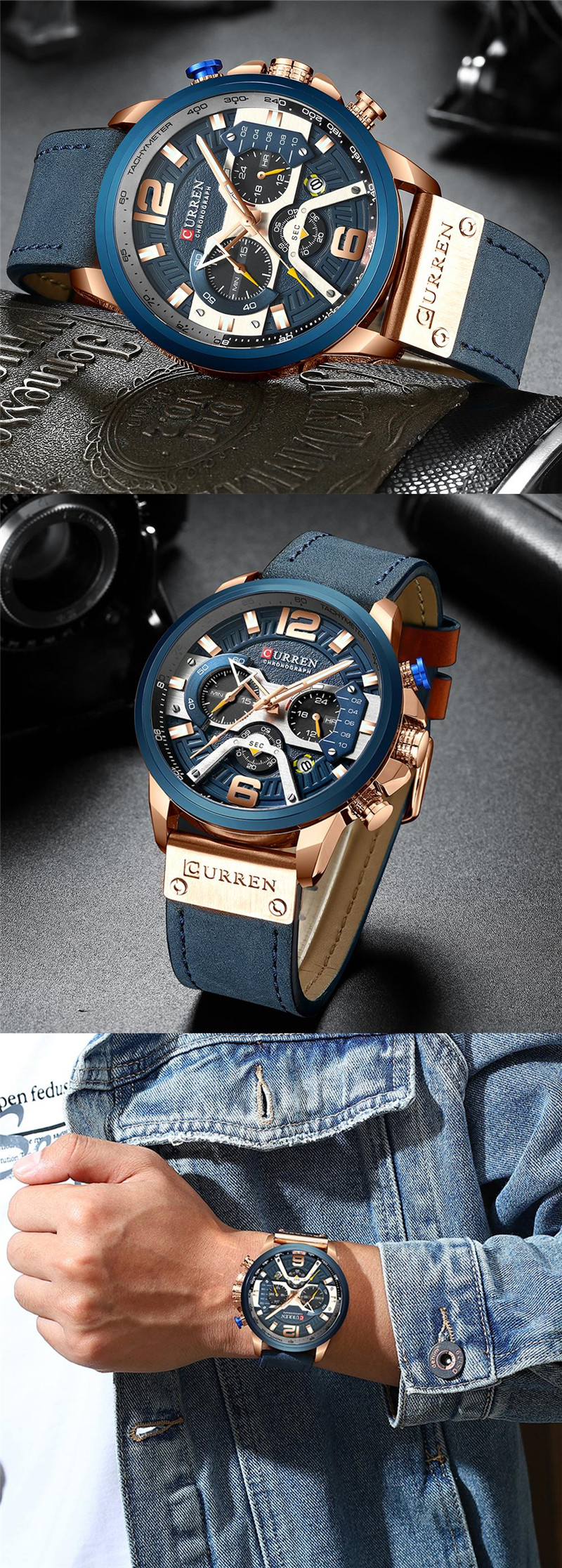 CURREN 8329 lether chronograph waterproof mens quartz watch