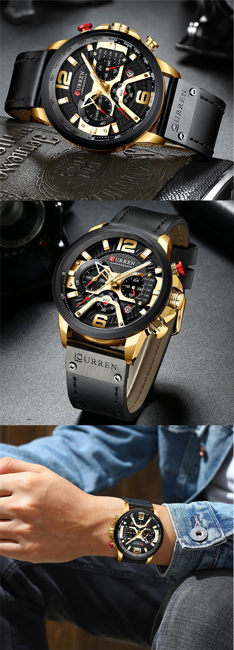 CURREN 8329 lether chronograph waterproof mens quartz watch