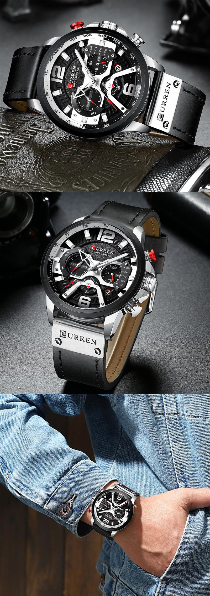 CURREN 8329 lether chronograph waterproof mens quartz watch