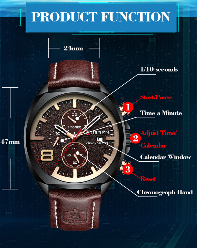CURREN 8324 leather waterproof chronograph mens quartz watch