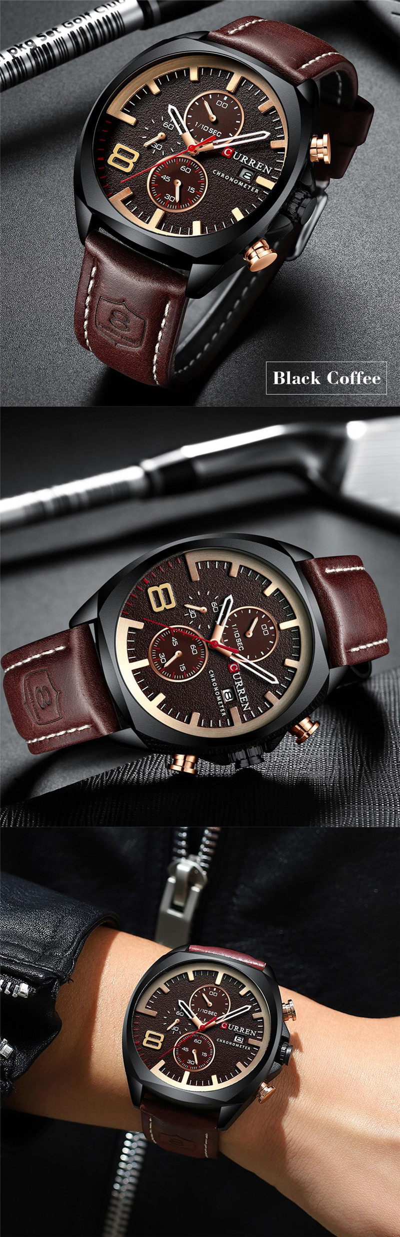 CURREN 8324 leather waterproof chronograph mens quartz watch