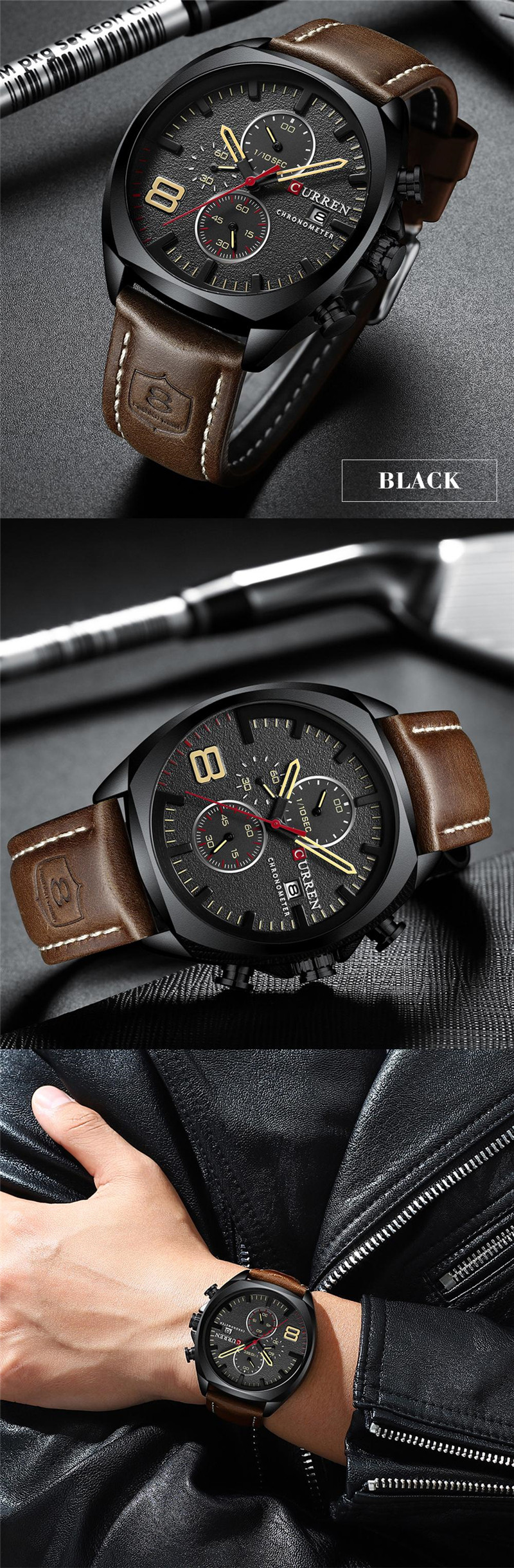 CURREN 8324 leather waterproof chronograph mens quartz watch