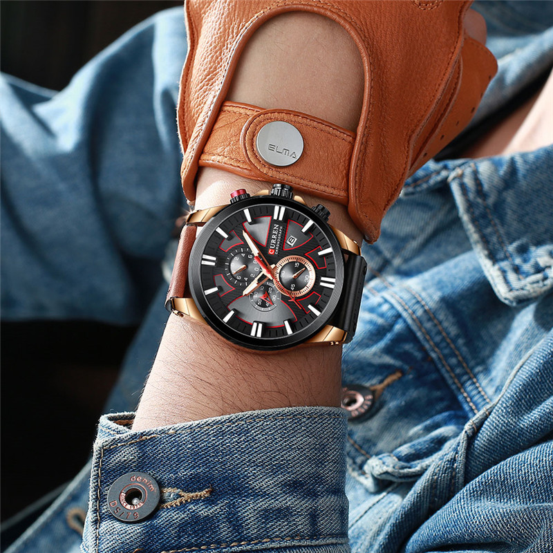 CURREN 8346 leather chronograph mens quartz watch