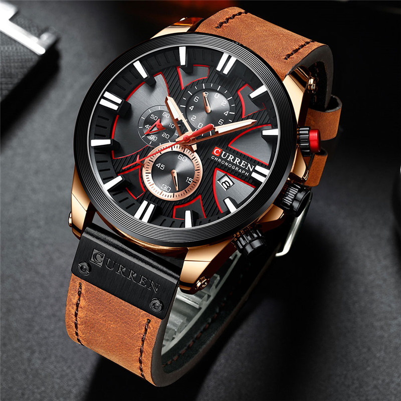 CURREN 8346 leather chronograph mens quartz watch