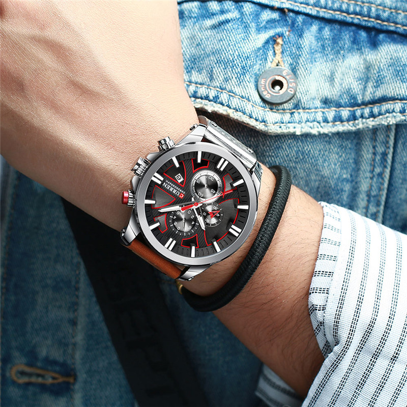 CURREN 8346 leather chronograph mens quartz watch