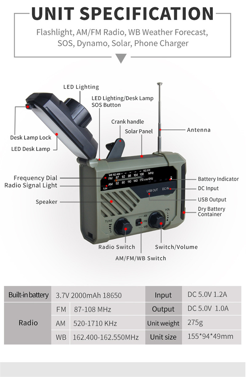 portable radio AM FM NOAA emergency lamp flashligh