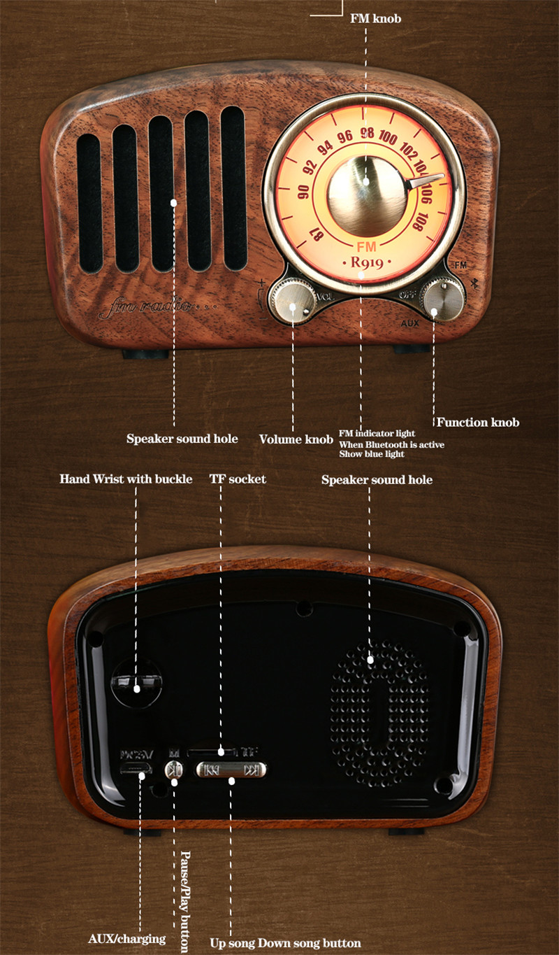 R919 retro wood portable radio mp3 bluetooth speaker