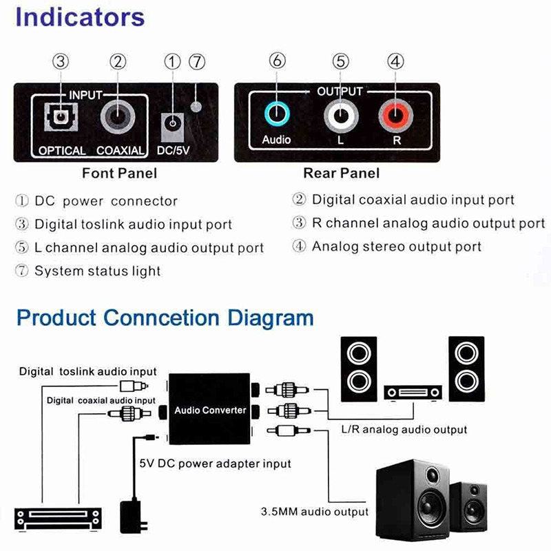 protable 3.5mm jack coaxial optical fiber digital to analog audio aux Rca L / R converter