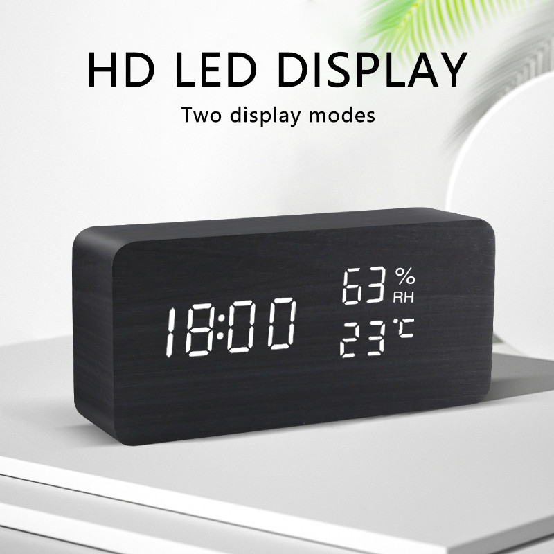 led wooden alarm clock table watch weather station humidity monitor