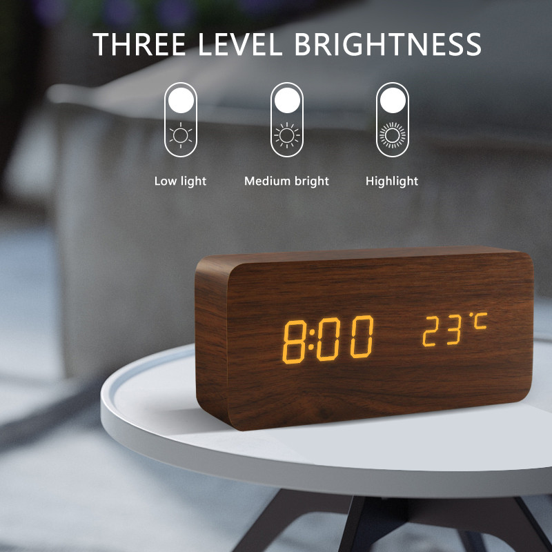led wooden alarm clock table watch weather station humidity monitor