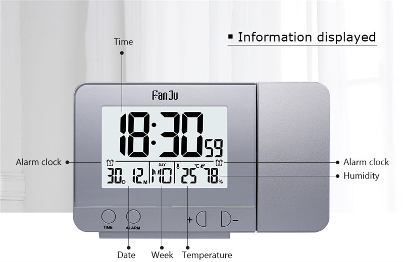 fanJu fj3531 led projection alarm clock date snooze table clock