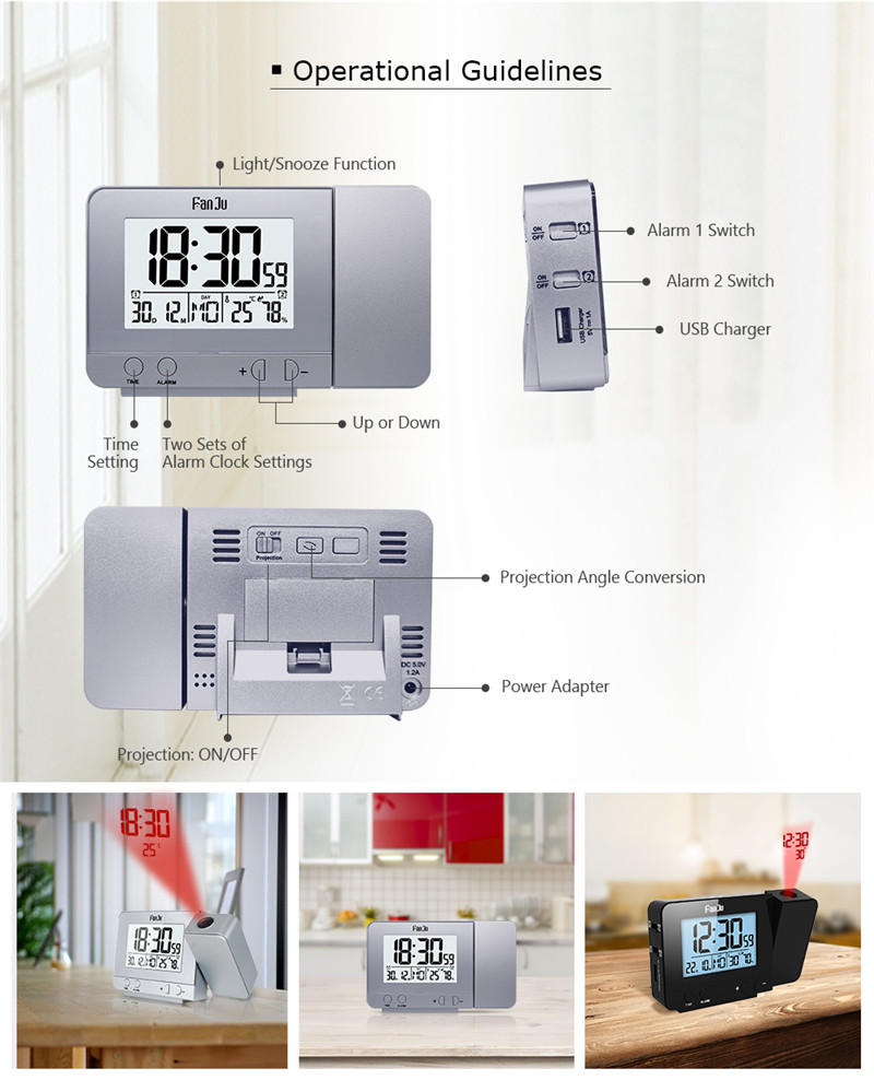 fanJu fj3531 led projection alarm clock date snooze table clock