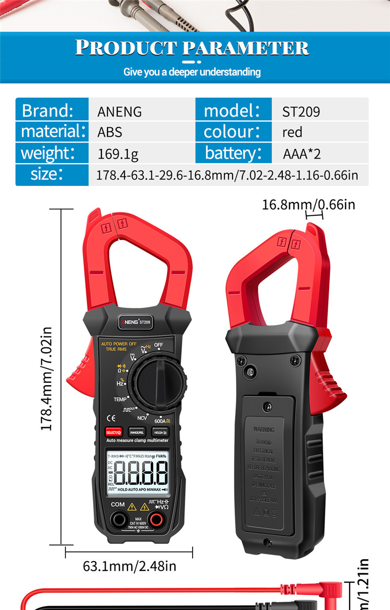 aneng st209 digital clamp meter dc ac 6000 ammeter voltage tester amp