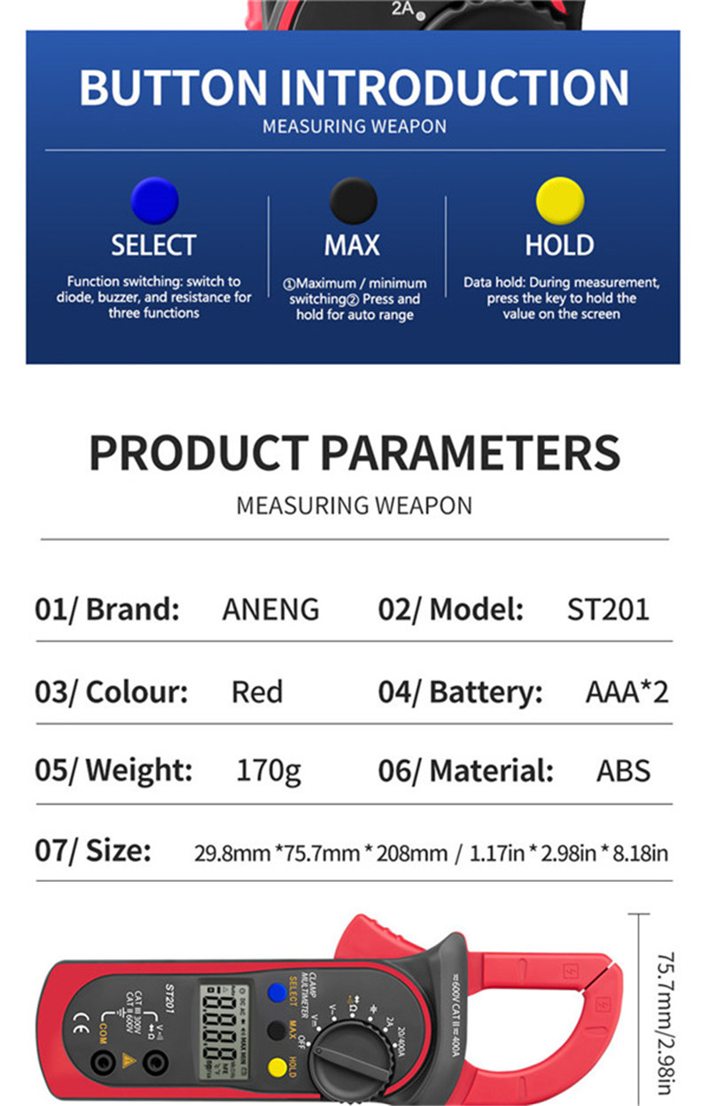 ANENG st201 digital clamp multimeter resistance ohm tester ac dc ammeter