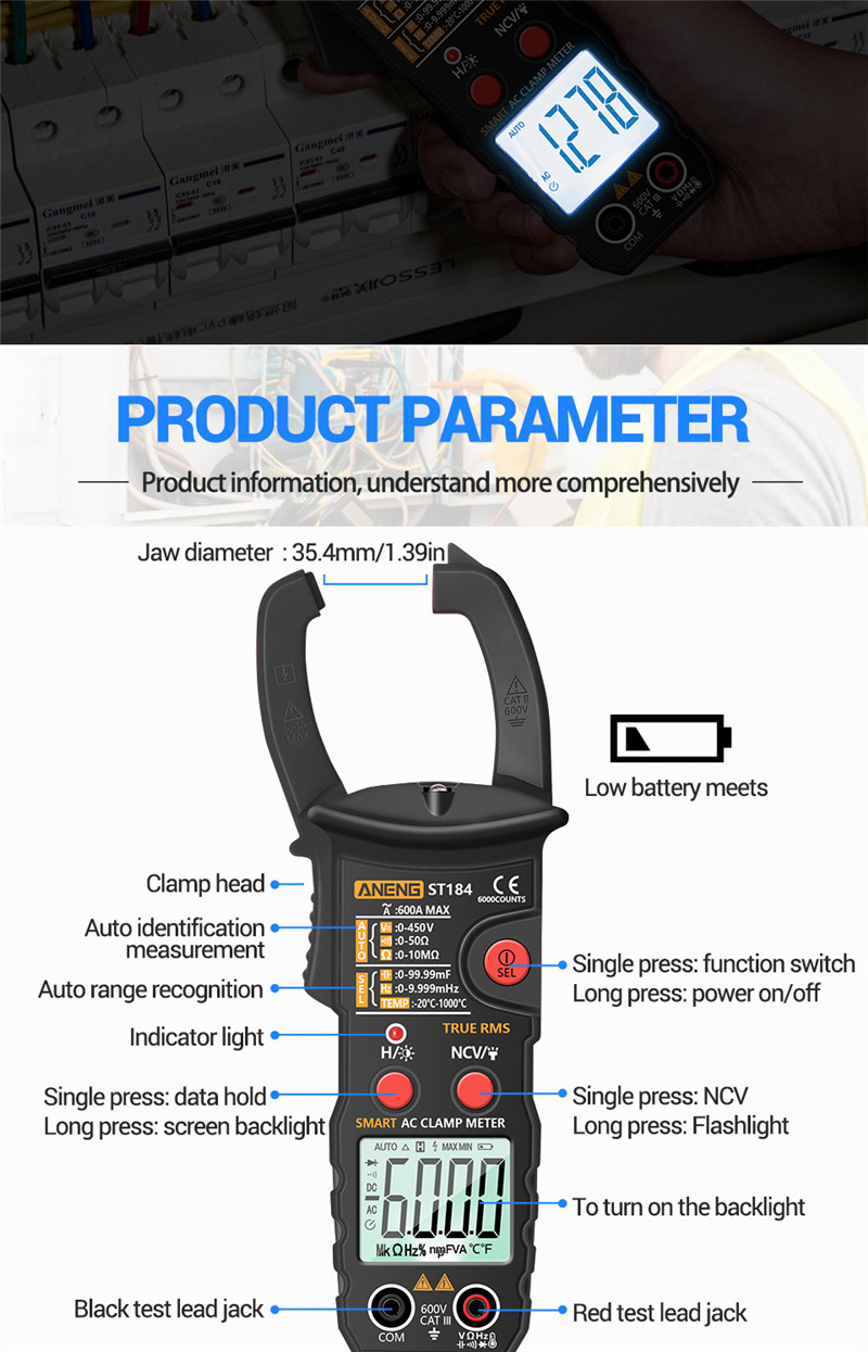 aneng st203 digital clamp meter multimeter rms