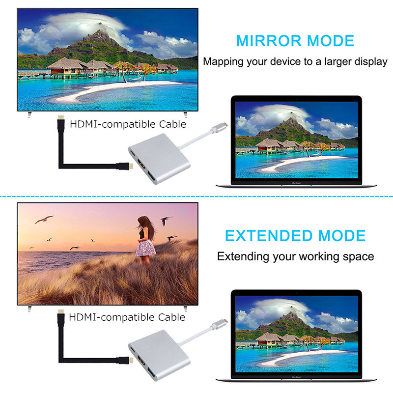 1 in 3 out aluminum type c to HDMI USB type c adapter hub