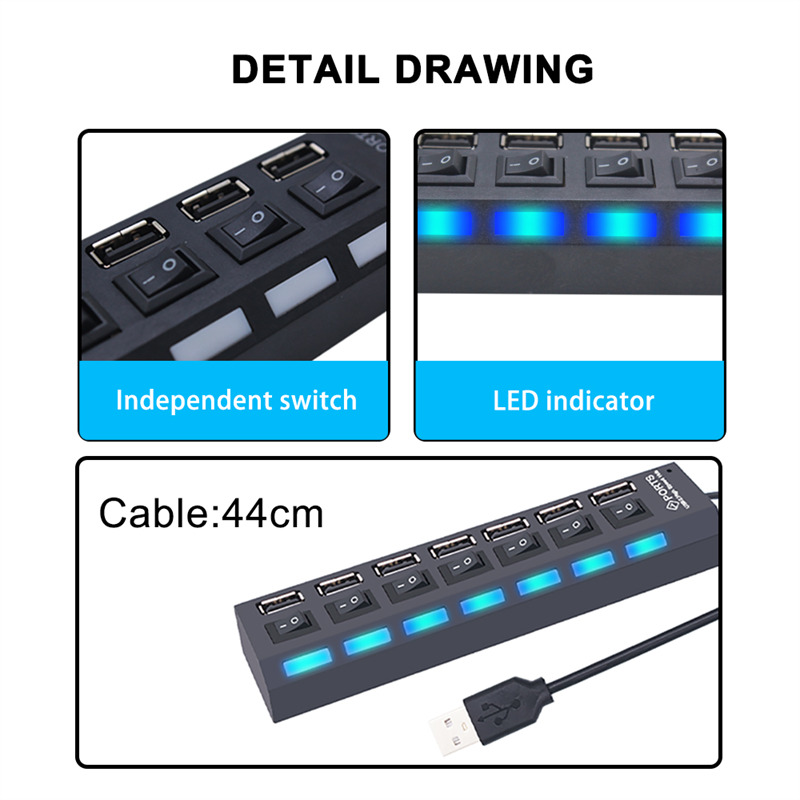 wired 7 ports usb hub splitter with switch