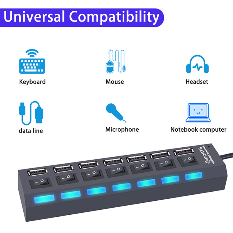 wired 7 ports usb hub splitter with switch