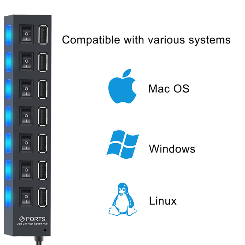 wired 7 ports usb hub splitter with switch