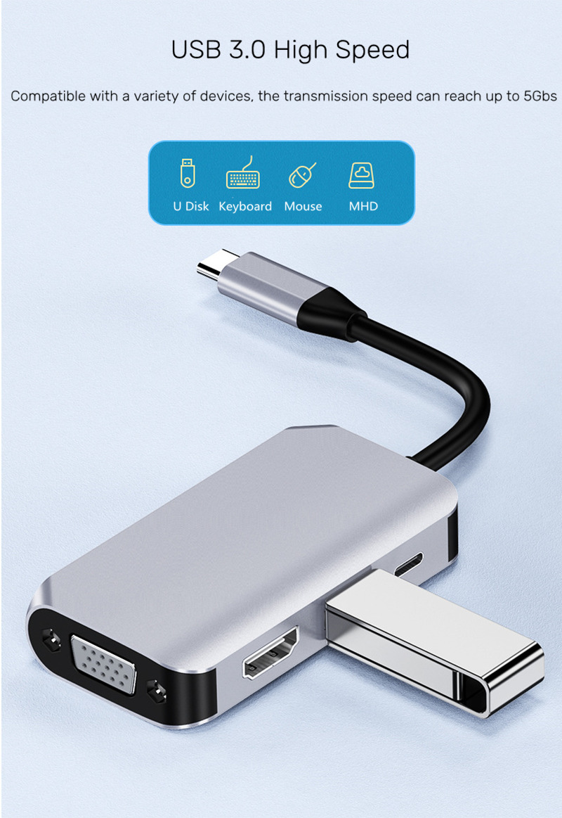 4 in 1 usb c to hdmi usb pd vga hub splitter