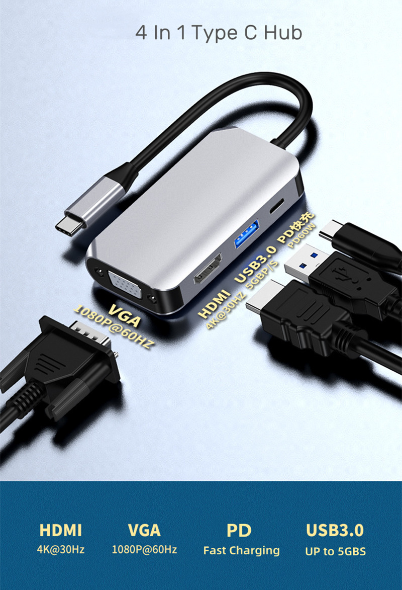 4 in 1 usb c to hdmi usb pd vga hub splitter 4 in 1 usb c to hdmi usb pd vga hub splitter