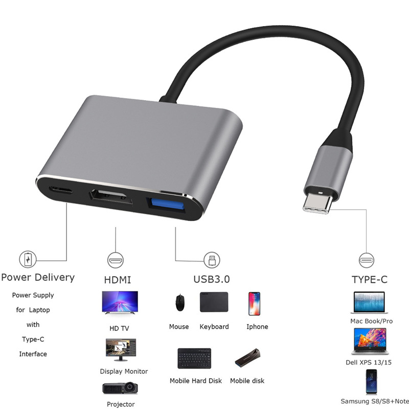 3 in 1 usb c to hdmi usb pd hub adapter video convertor