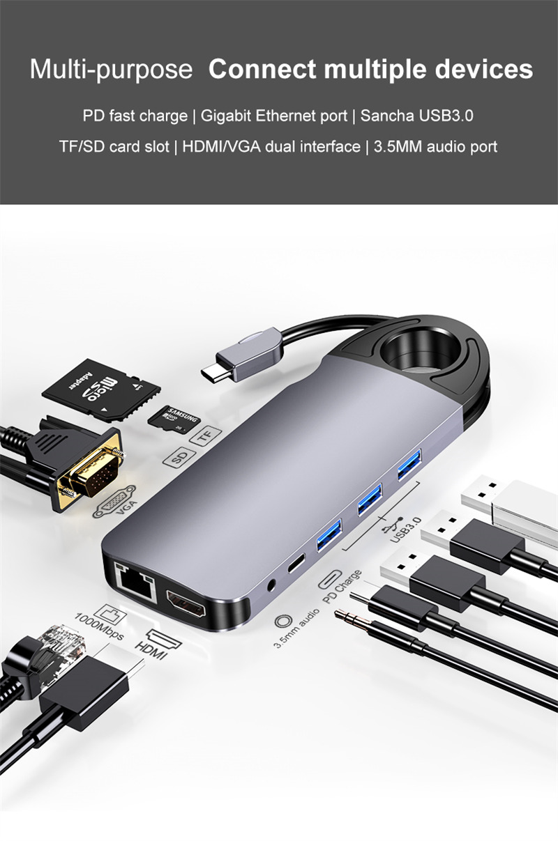 10 port usb c hub type-c to hdmi rj45 vga sd/tf usb 3.0 hub pd charge dock station