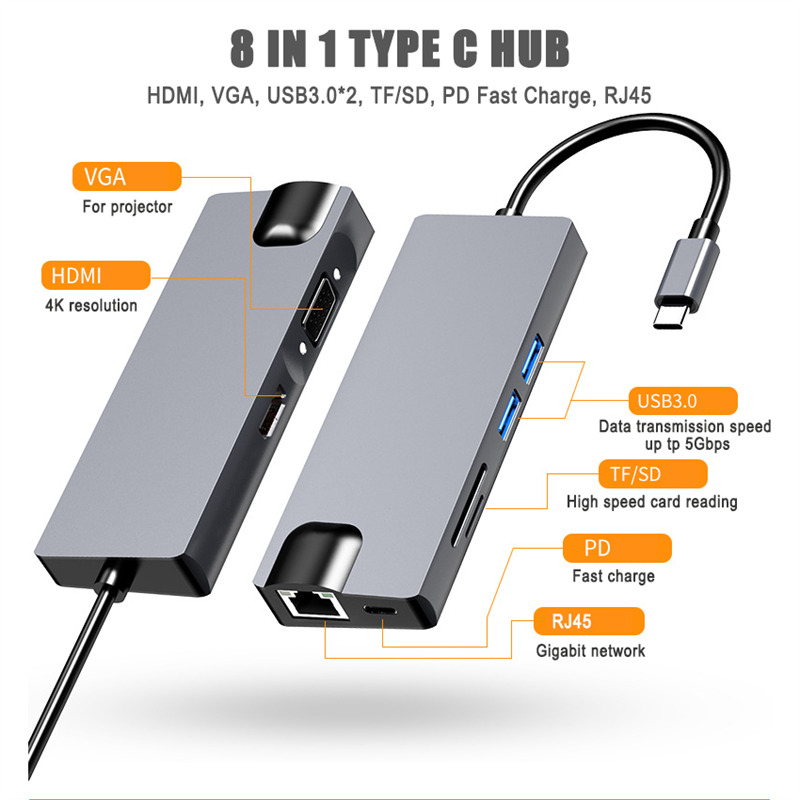 8 in 1 type c hub to hdmi vga usb3.0 pd fast charge sd tf card rj45 dock station