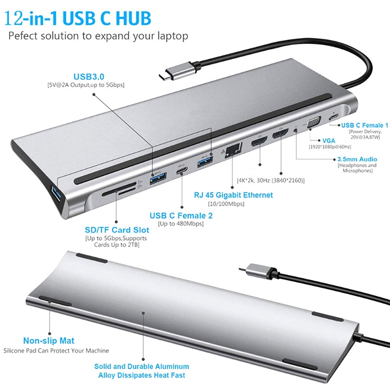 12 in 1 type-c hub to hdmi rj45 aux usb rj45 pd sd tf adapter docking station