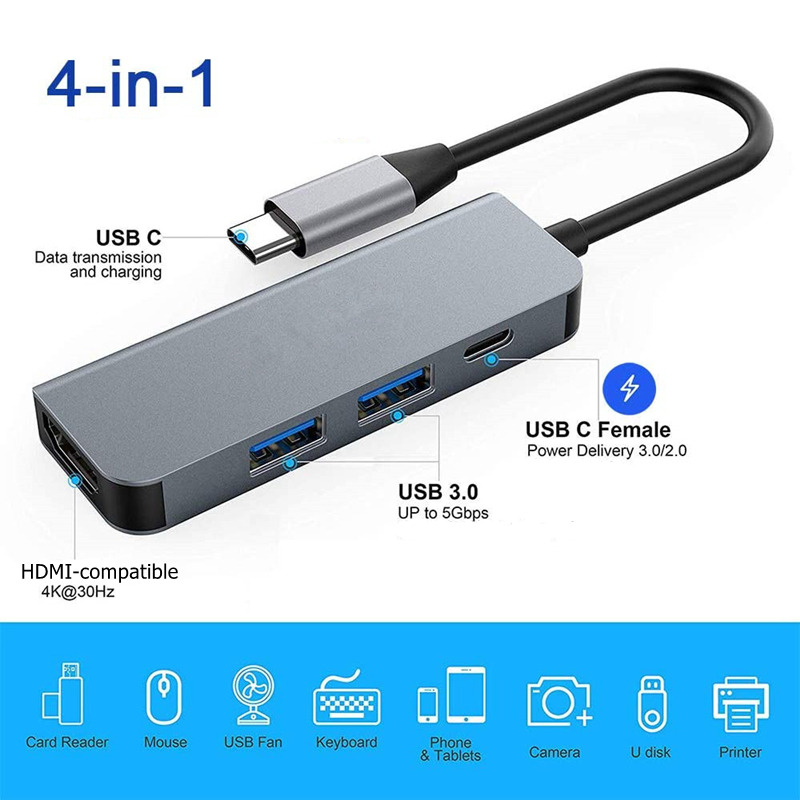 4 in 1 type-c hub to hdmi 2 usb 3.0 pd adapter dock