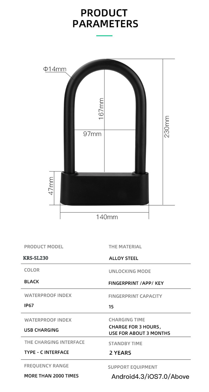 smart fingerprint motorbike lock rechargeable bicycle u lock