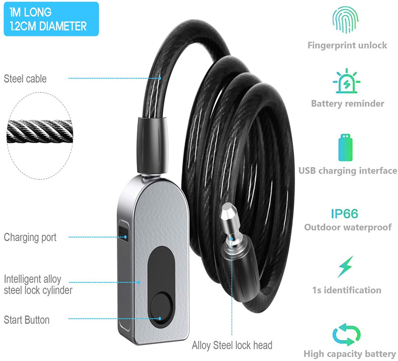 USB rechargeable smart fingerprint bicycle lock