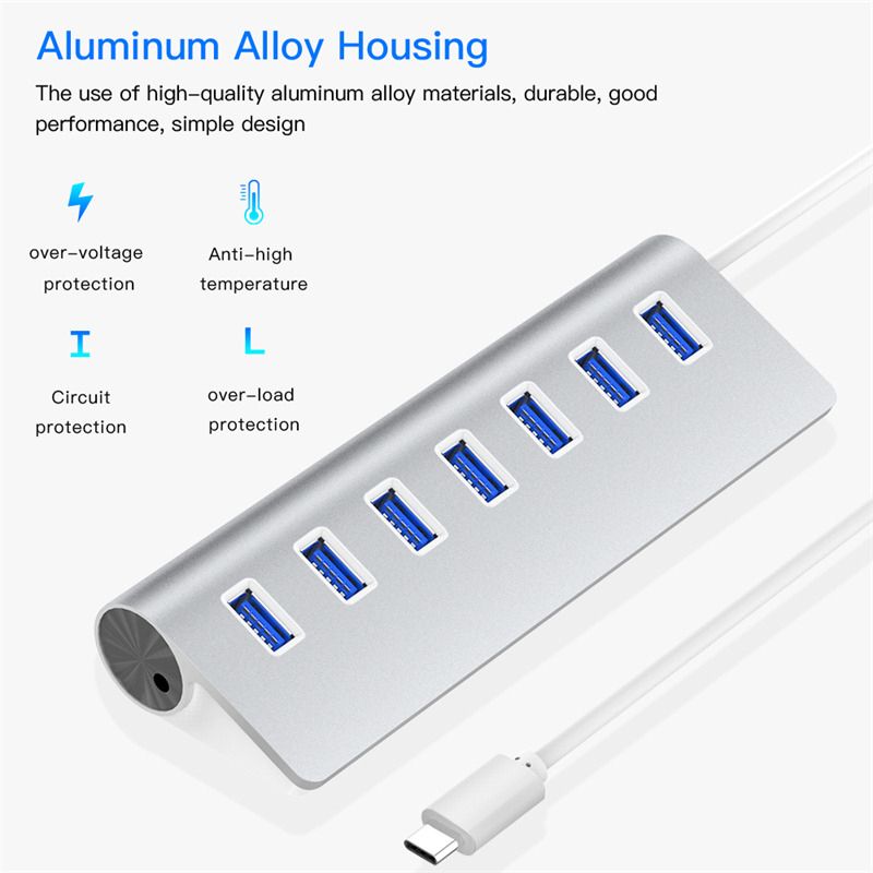 aluminum 7 port usb hub high speed power adapter