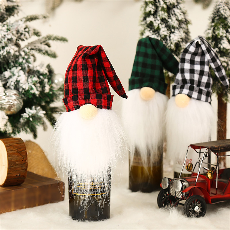 Christmas wine bottle covers plaid table top dress up decorations