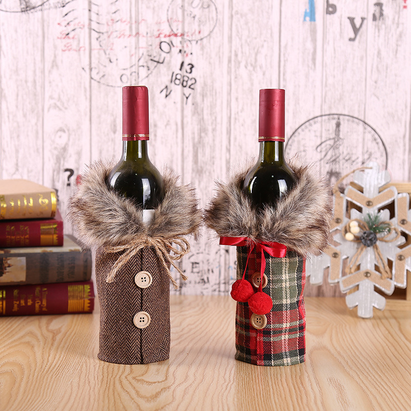 fur collar christmas wine bottle sleeves lattice covers