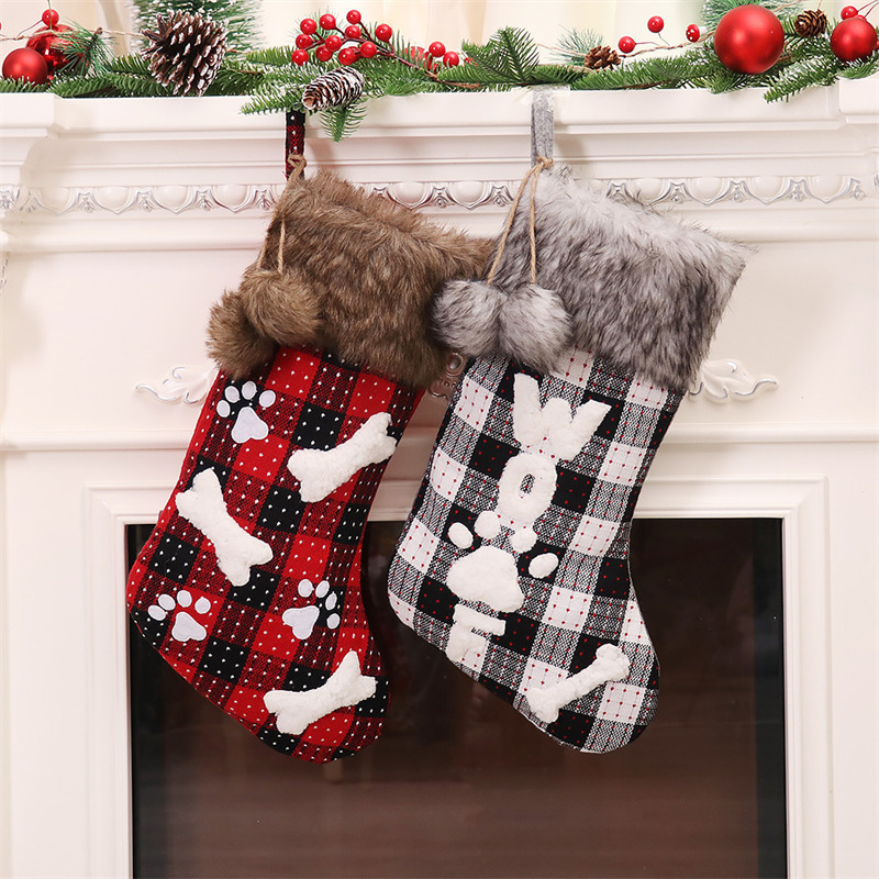 plaid bone wool collar christmas stockings xmas decoration