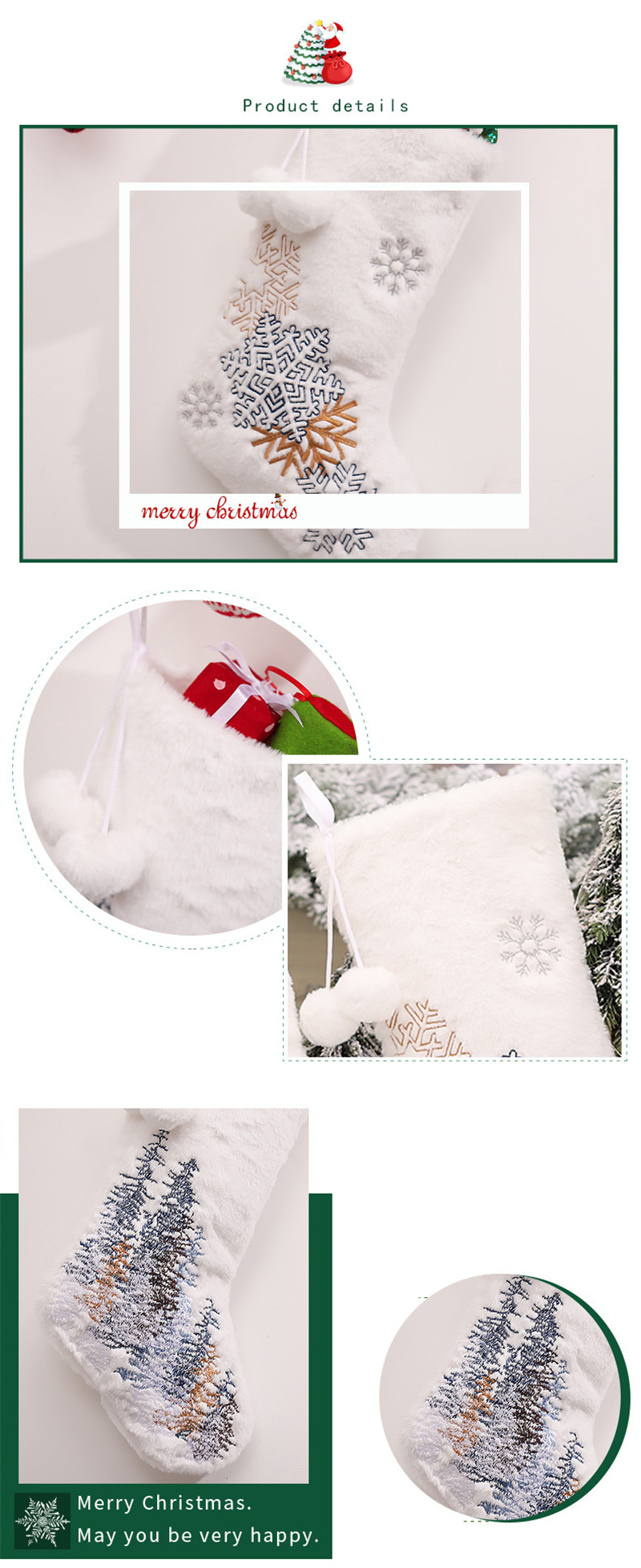 Embroidered white christmas stocking xmas decoration