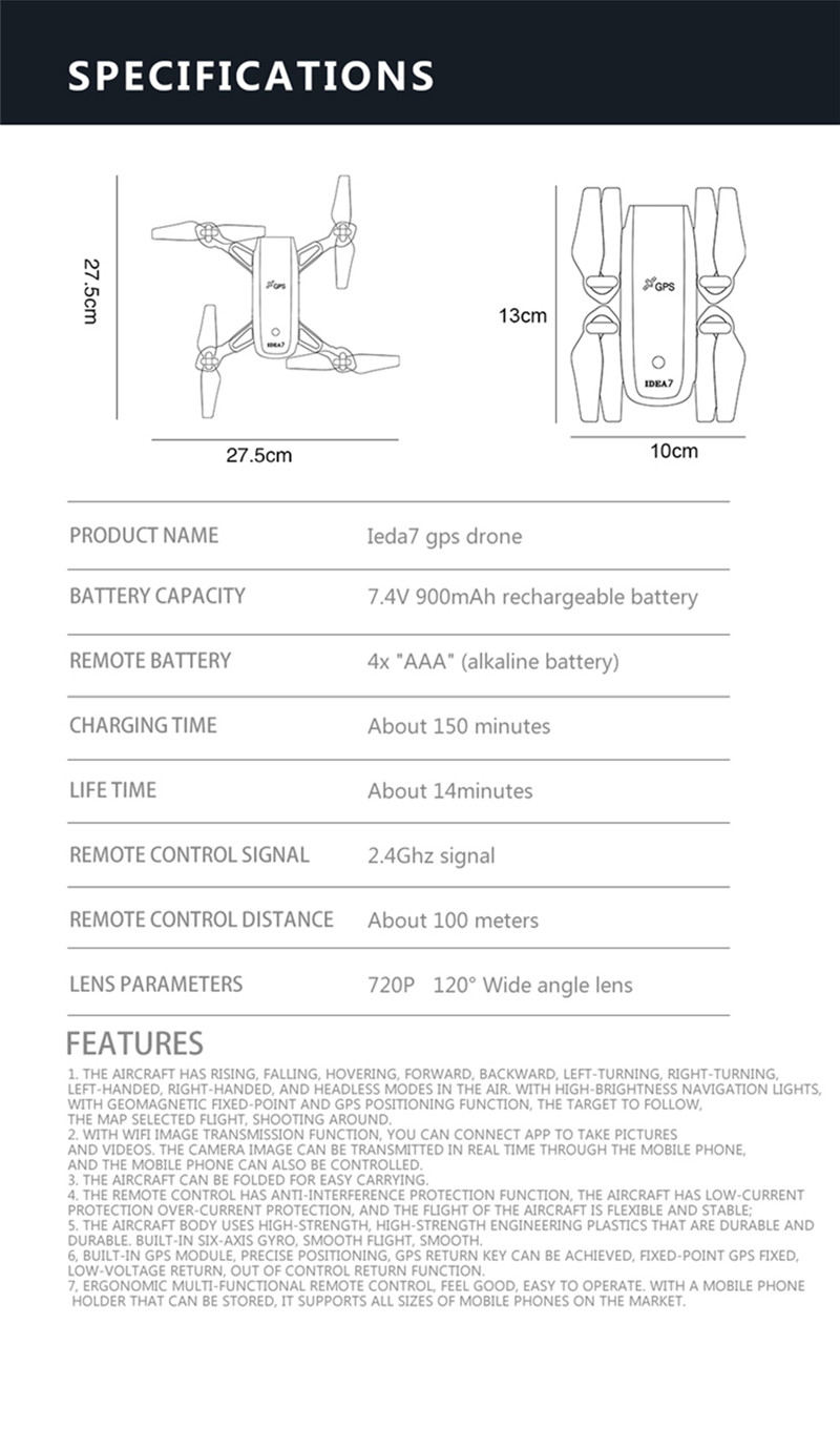 LE IDEA 720P Foldable GPS Altitude Hold RC Drone