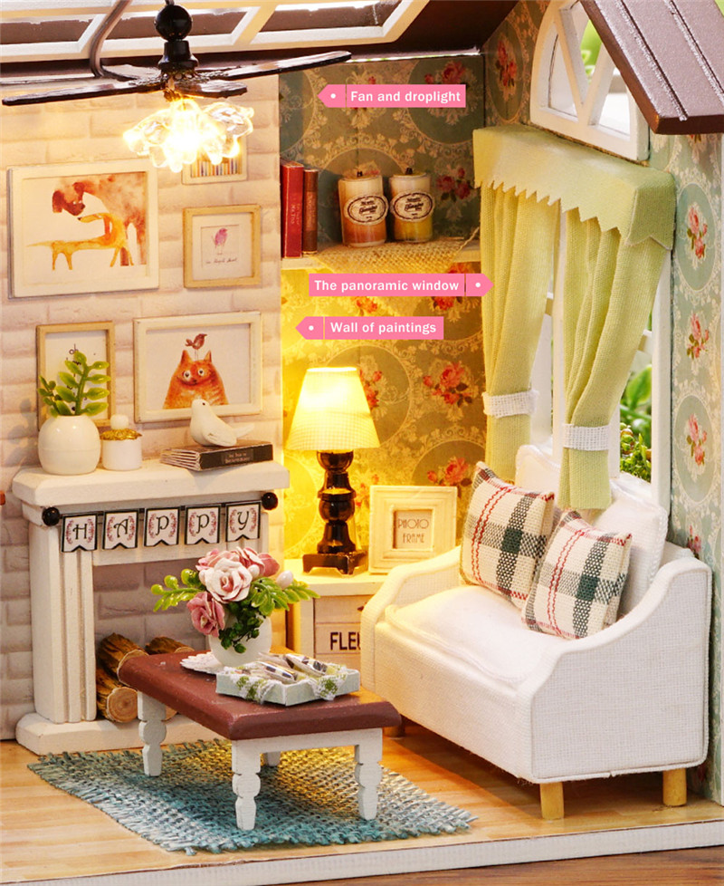 Doll Mini House Wooden Kit with LED Light Furniture DIY Handcraft Toy