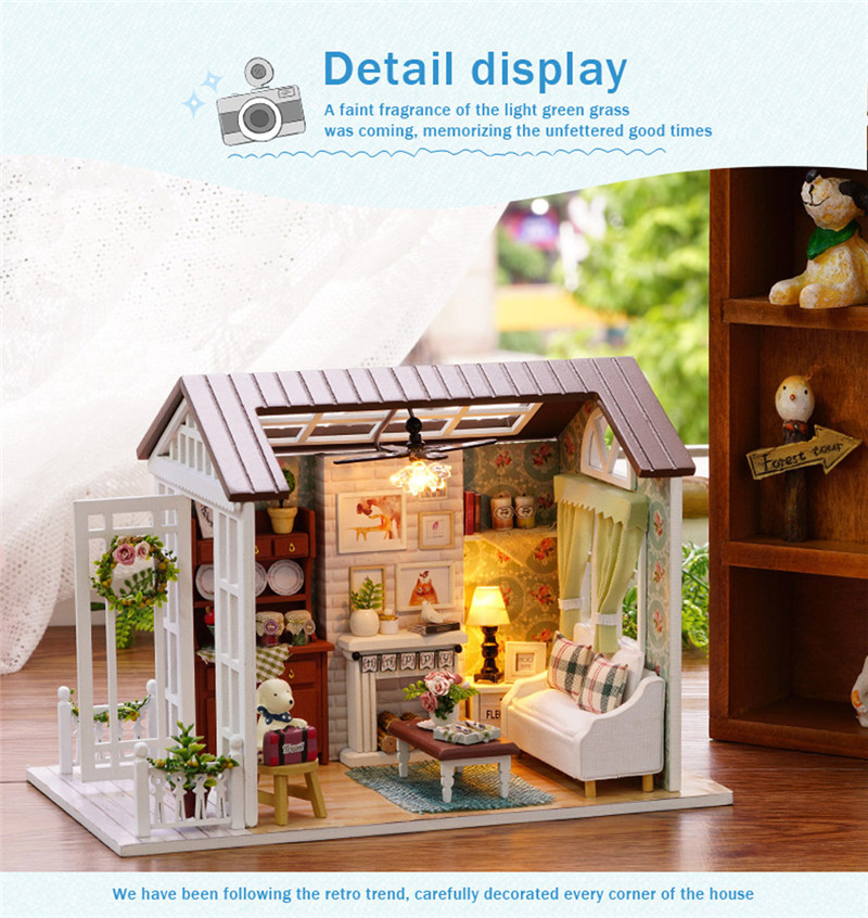 Doll Mini House Wooden Kit with LED Light Furniture DIY Handcraft Toy