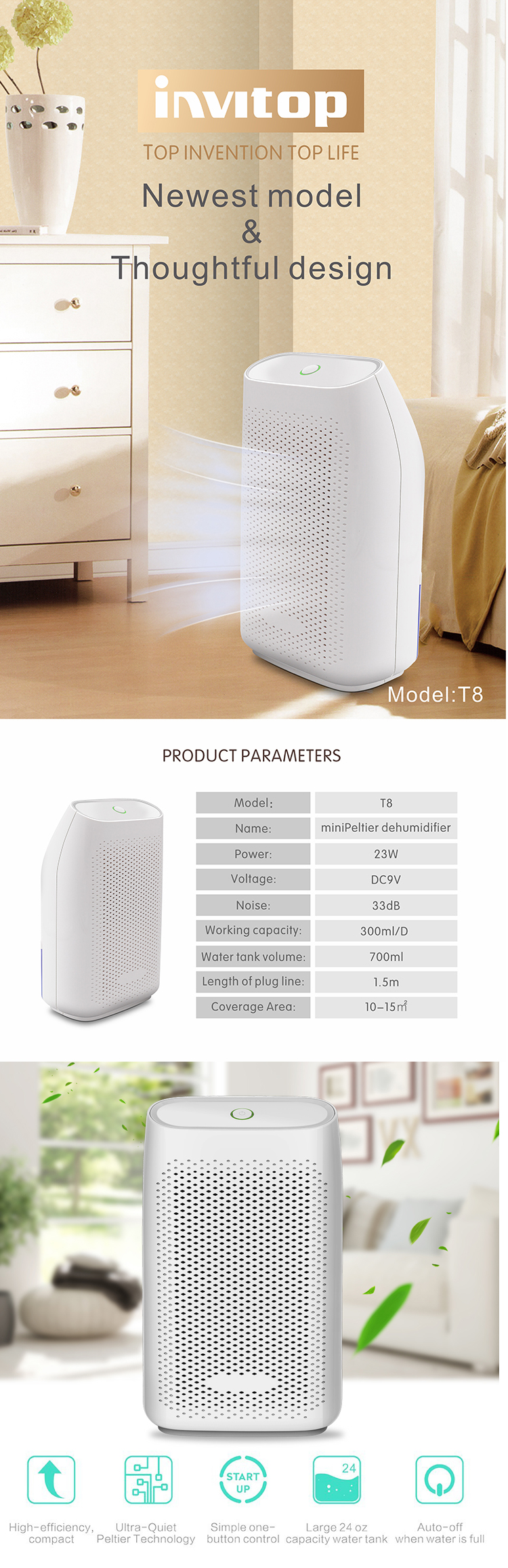 Portable Dehumidifier 700ML Removable Water Tank Electric Air Dryer