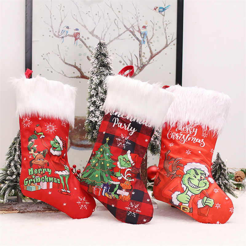 fur edge grinch christmas stockings fireplace hanging decoration