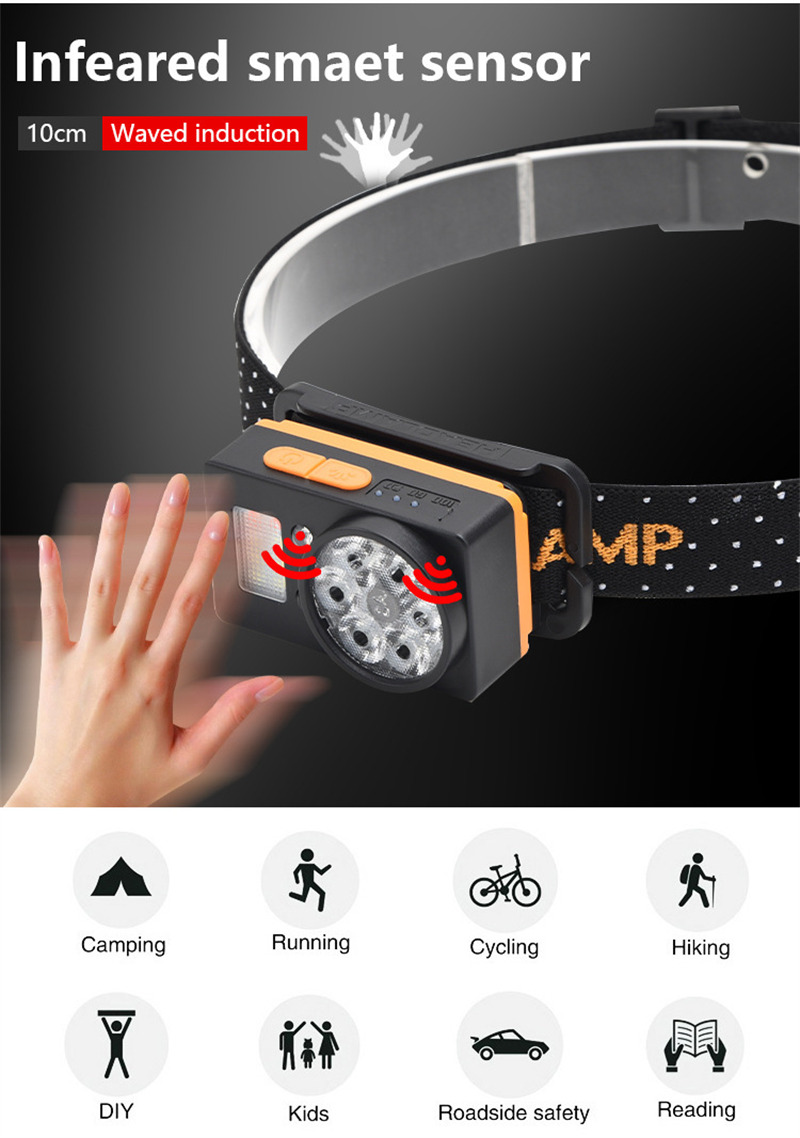 outdoor LED headlamp smart sensor rechargeable headlight