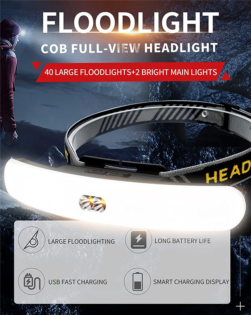 COB headlight wide beam headlamp rechargeable floodlight