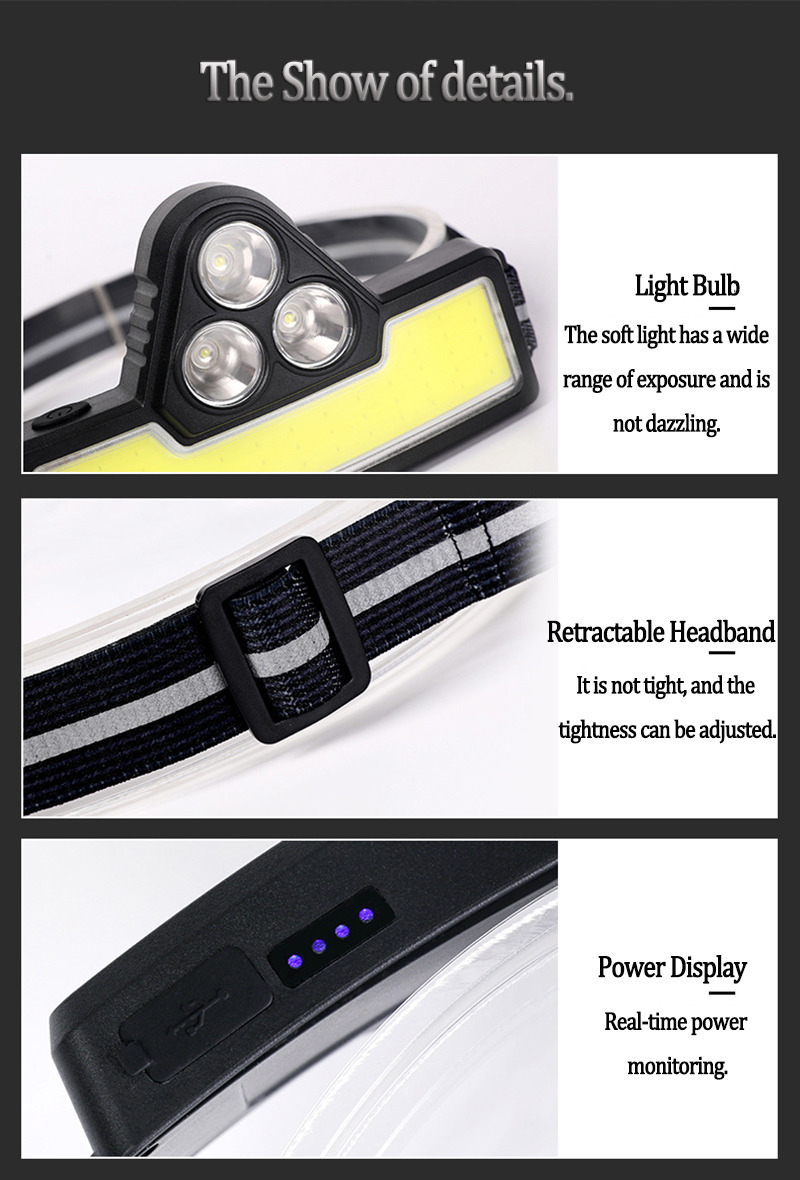 rechargeable COB headlight portable LED headlamp